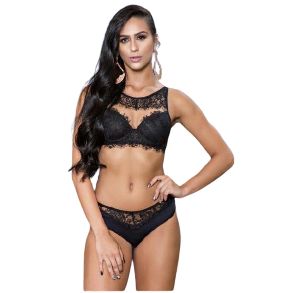 Conjunto Top com bojo e aro Calcinha fio duplo renda francesa