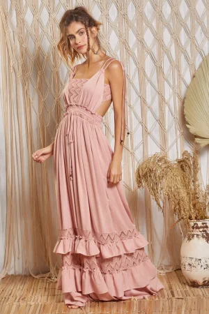 Vestido longo de linho det malha etnica luxo